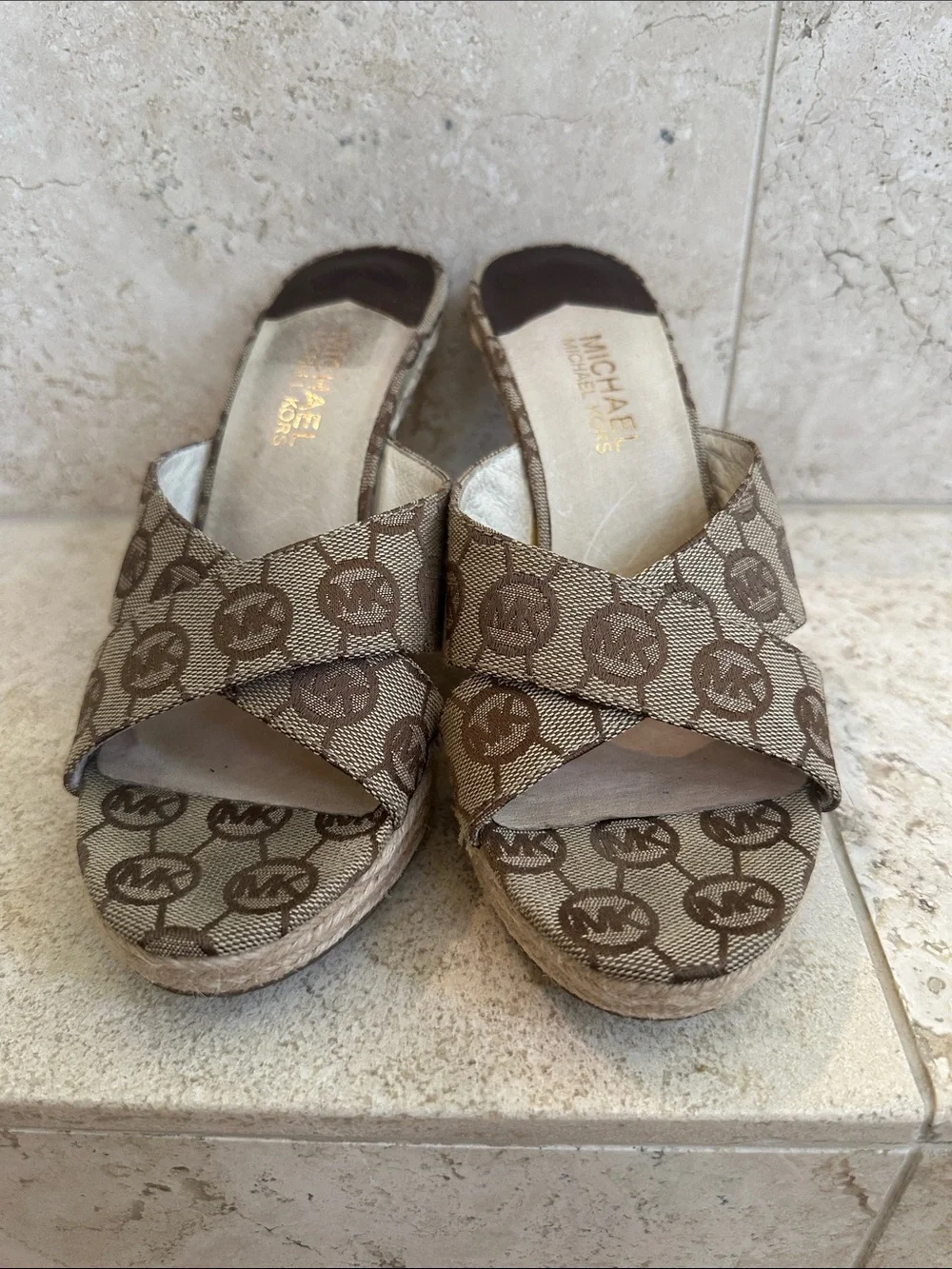 Michael Kors 7.5 Brown Logo Canvas Espadrille Wedge Sandals